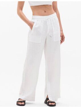 Athleta Retreat White Calla Lily 100% Linen High Rise Wide Leg Pants Size Large